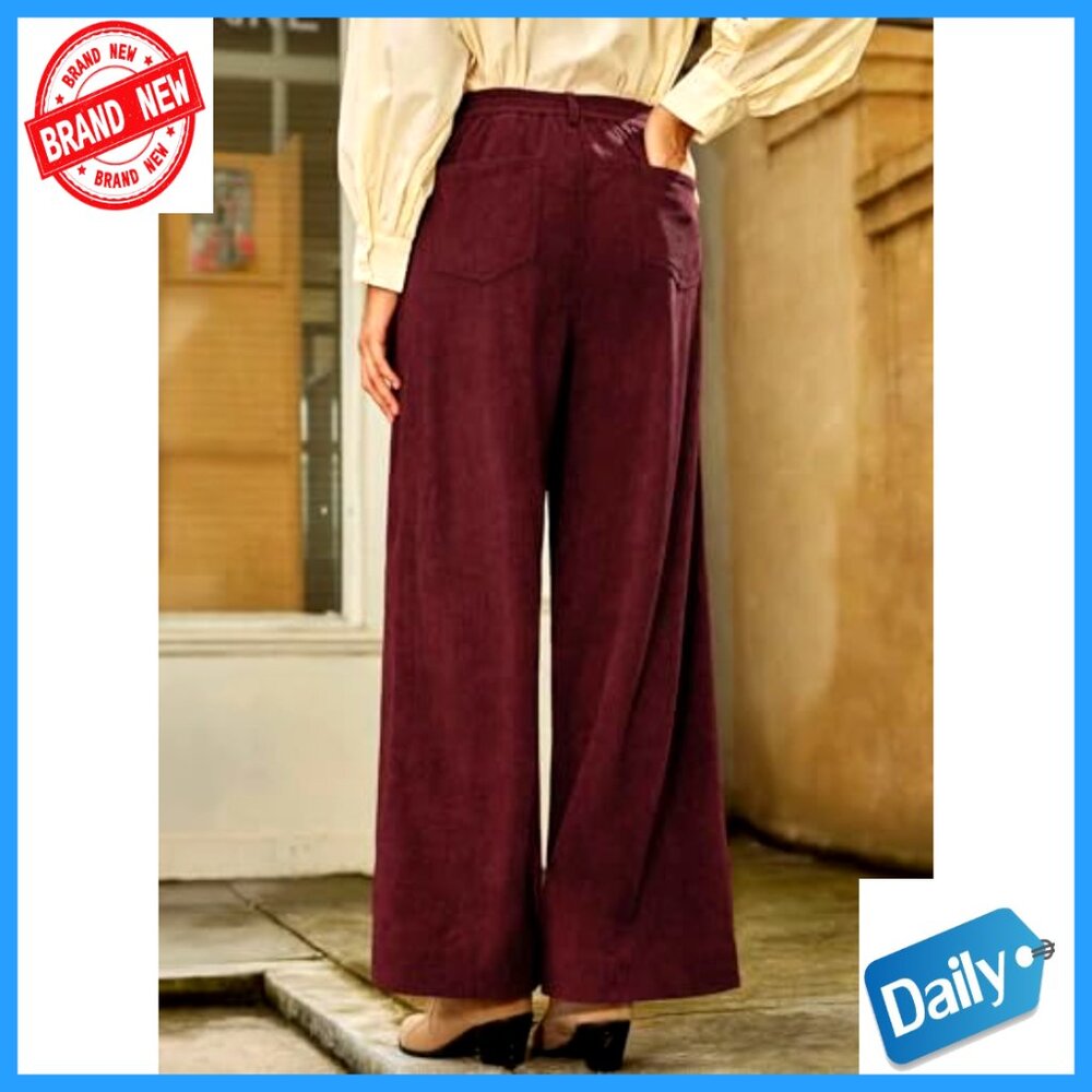 Women's Corduroy Wide Leg Pants High Waisted Elastic Waist Casual Trousers - Picture 2 of 7
